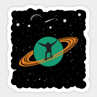 Skateboarder In Saturn Solar System Retro Vintage Space Skateboarding Sticker